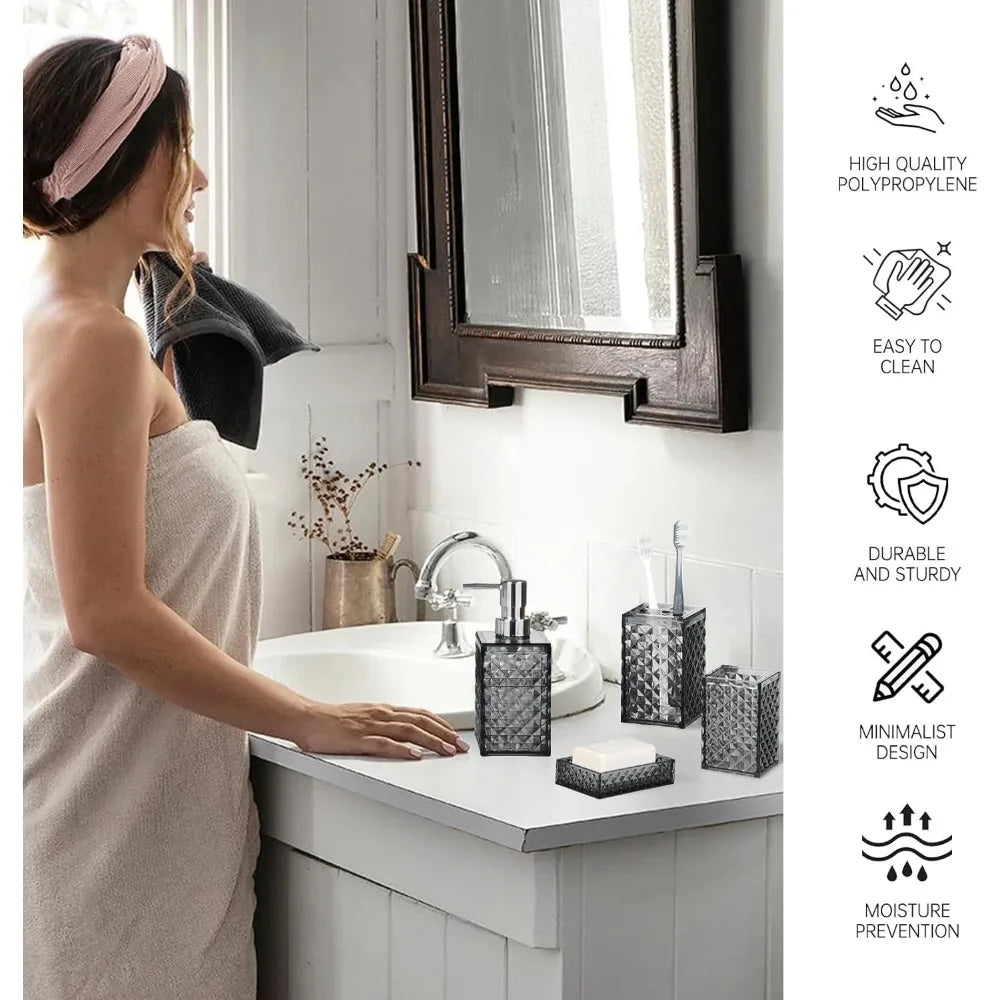 bathroom accessory set, grid pattern 5 pcs plastic bathroom set include toilet bursh, soap dispenser, soap dish, toothbrush hold