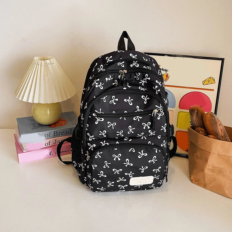 3Pcs/Set Bow Print Backpack with Crossbody Bag and Small Purse Bow Student Bookbag Cute Laptop Backpack for Teens Girls