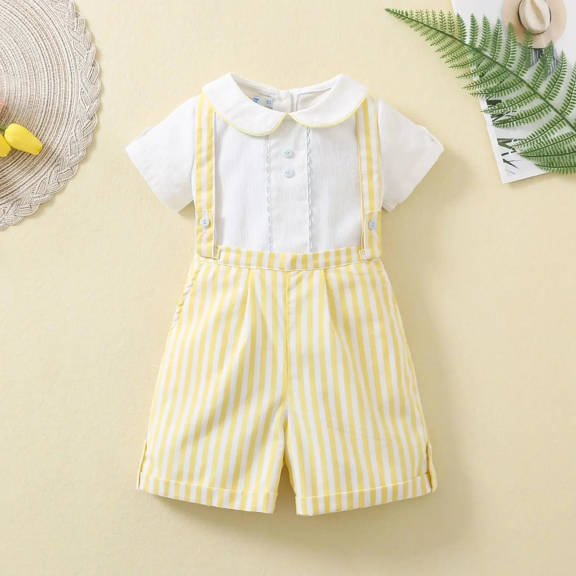 Baby Boys Birthday Outfit 2Pcs Set Short Sleeve Shirt + Striped Suspenders Pants Toddler Summer Clothes Formal Suit Gentleman