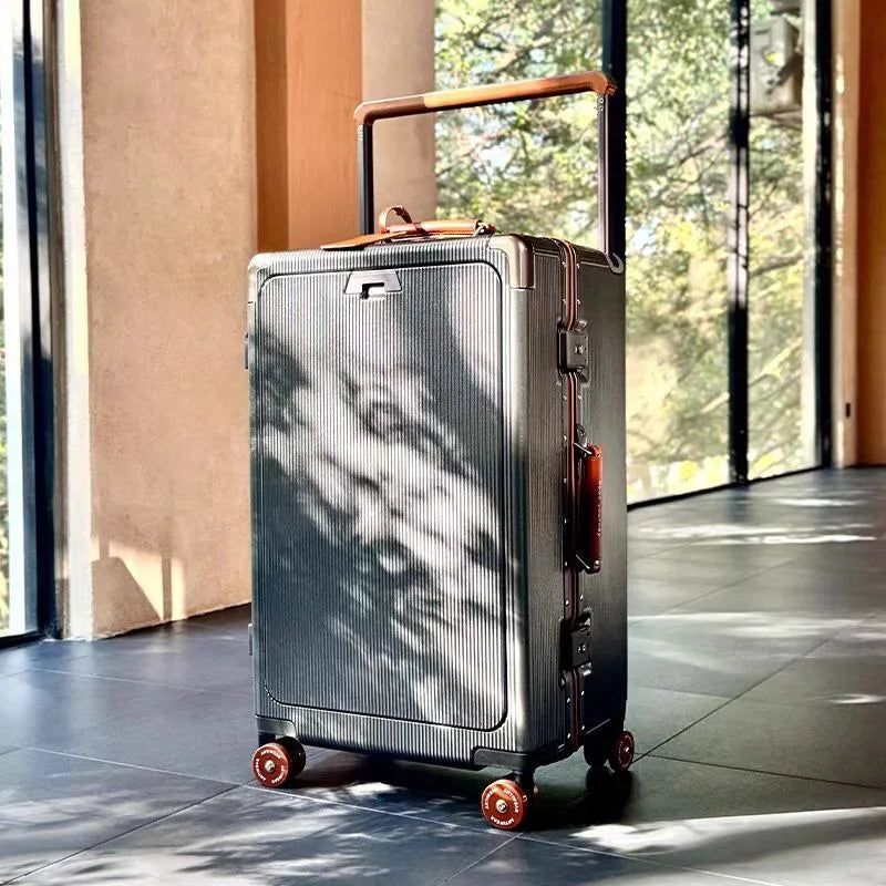 Front Opening Pocket Rolling Luggage Aluminum Frame Wide Handle Trolley Suitcase with Upgrade Silent Wheel USB Charging Plug TSA