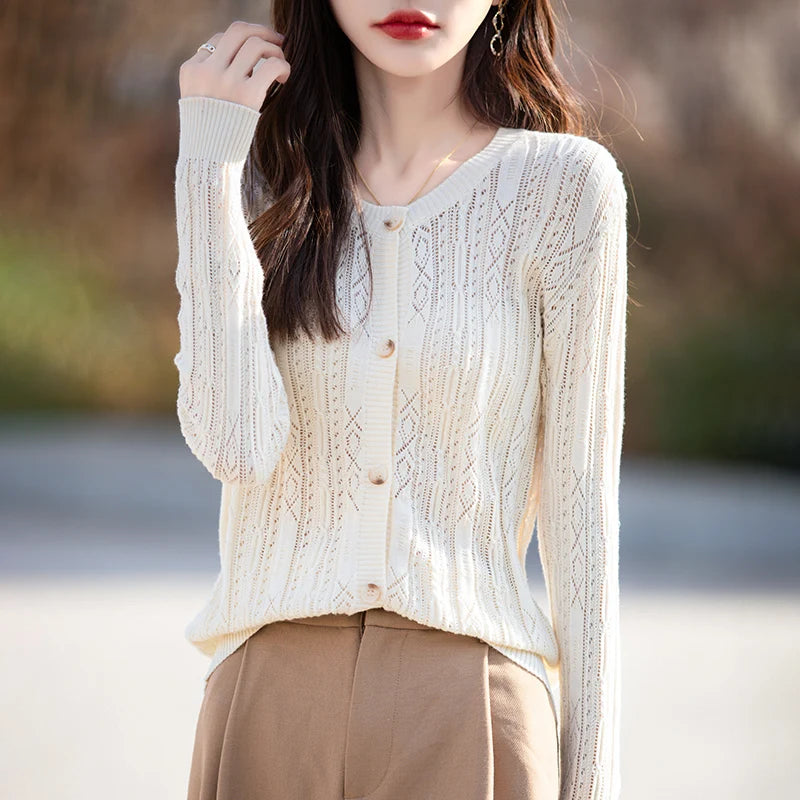 Women's Sweater Spring/Summer New 100% Cotton Coat Female O-Neck Knitted Cardigan Fashion Slim Top Clothing Long Sleeved Solid
