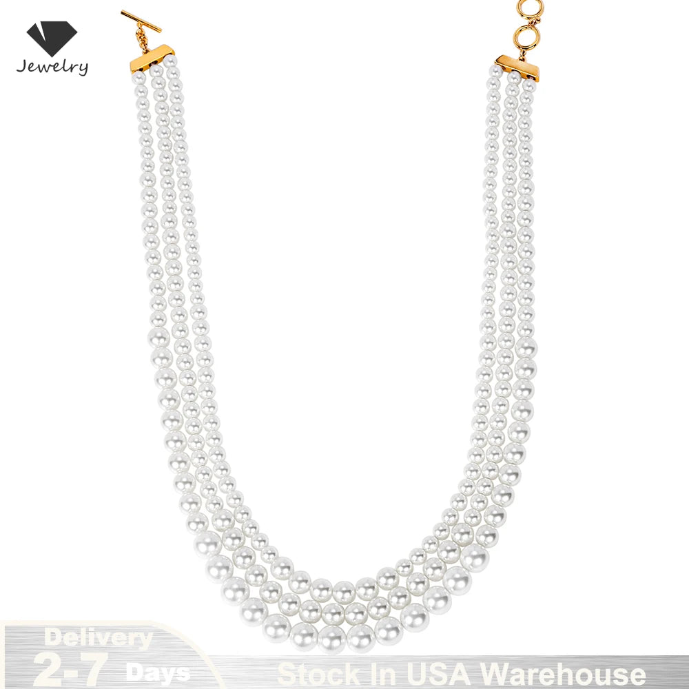 18K Gold Plated Multi-Layered Imitation Pearl Long Sweater Chain Necklace for Women Vintage Body Chain Party Wear Accessories