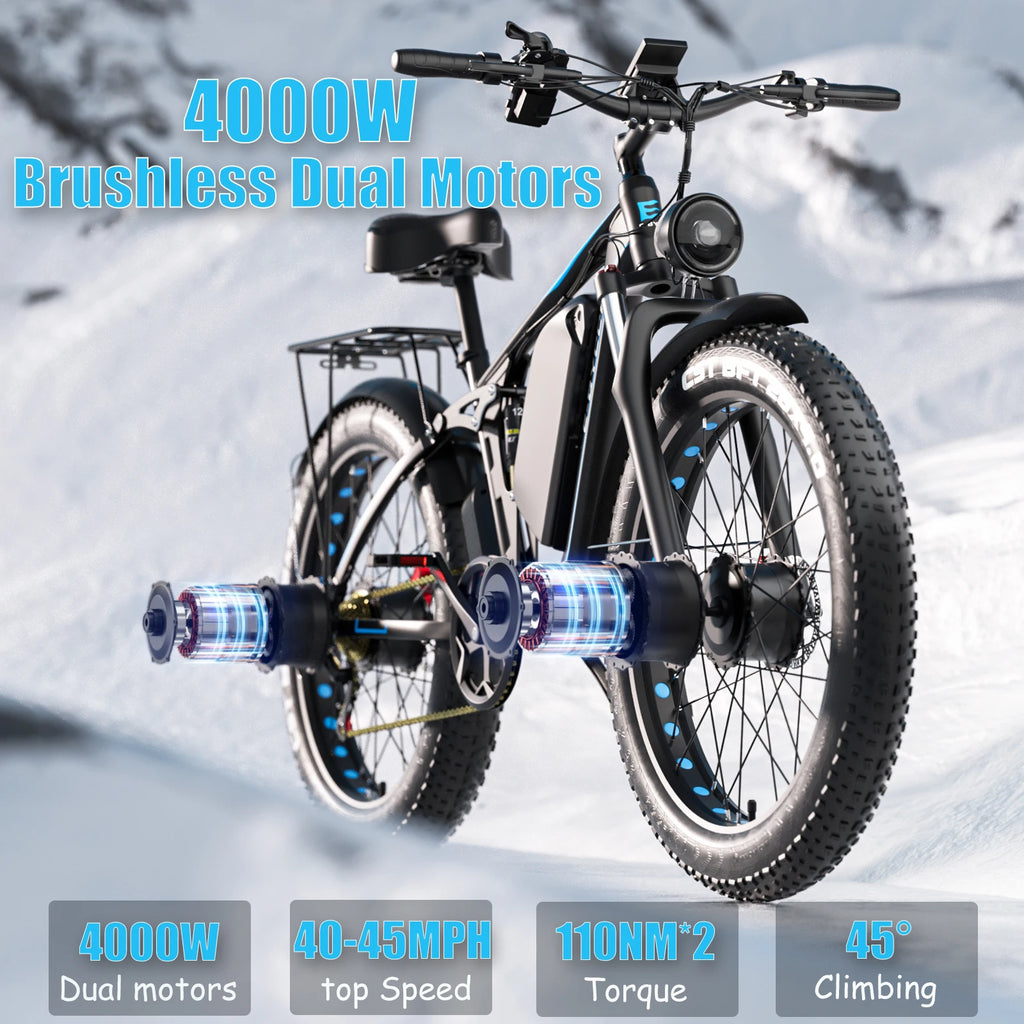 E-BYCCO  5000W Peak/4000W Dual Motor Electric Bike , Up to 45MPH Speed E-Bike,100-Mile Range, IP65 Waterproof, 52V 32Ah Remova