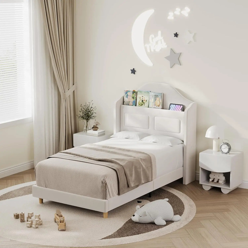 Upholstered Twin Bed Frame with LED Lights, Velvet Platform Bed Frame with Wing Back Storage Headboard, Wood Slats Support, No B