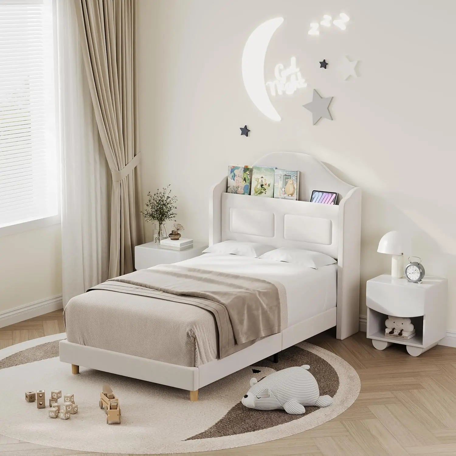 Upholstered Twin Bed Frame with LED Lights, Velvet Platform Bed Frame with Wing Back Storage Headboard, Wood Slats Support, No B