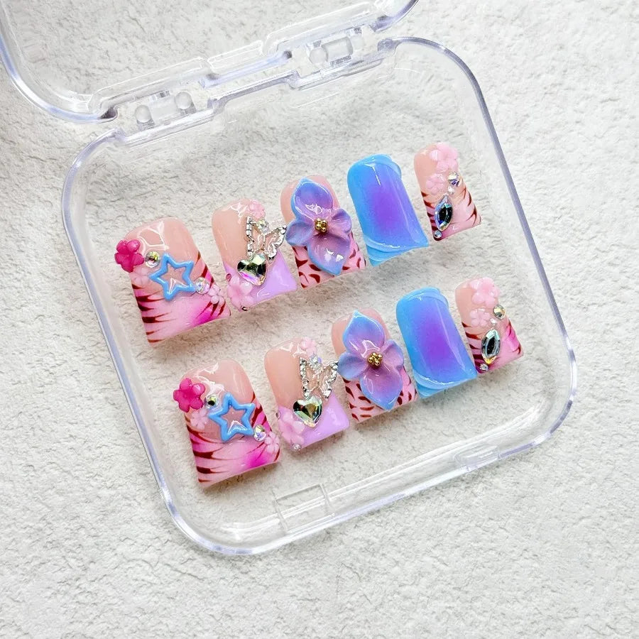Thick Press on Nails Handmade Medium Duck Nails Pink Fake Nails 3D Flower Art False Nail with Gems Design Luxury Rhinestone Nat