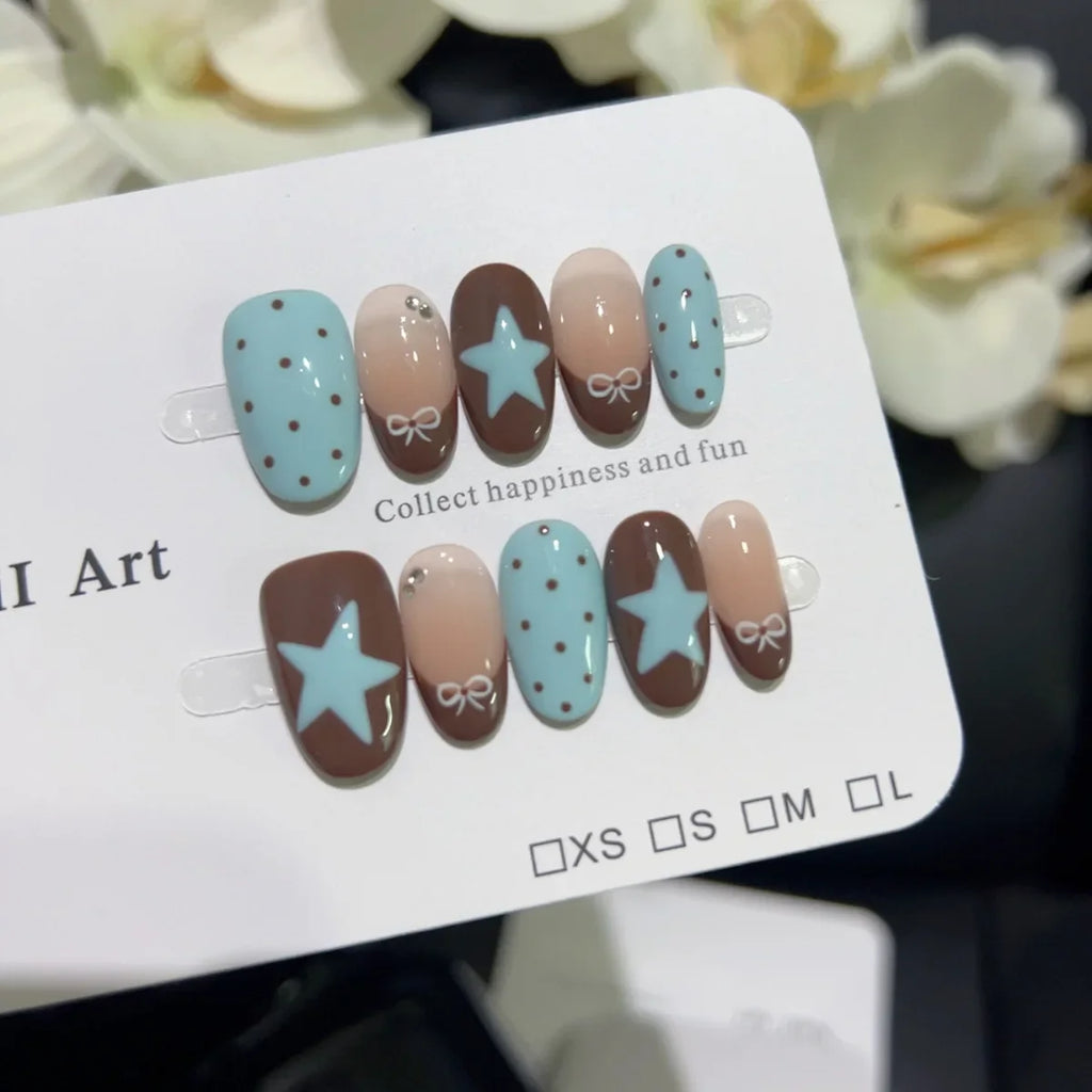 10pcs Handmade French Short Press On Nails Blue Brown Polka Dot Bow Star Design Fake Nail Wearable Nail Art Tips for Girls