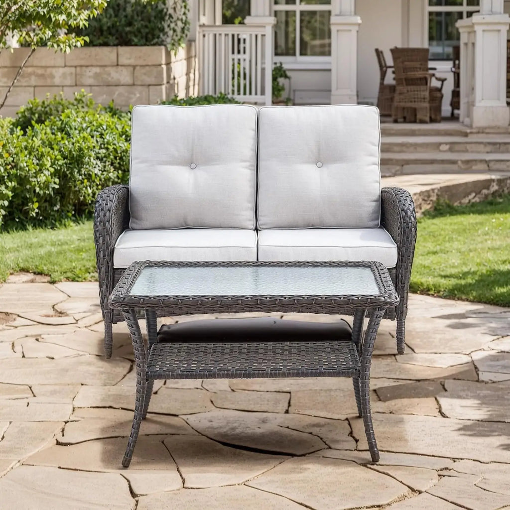 Outdoor Loveseat Sofa 2-Seat PE Wicker Outdoor Couch with Coffee Table, Deep Seat High Back Patio Furniture for Patio, Garden, P