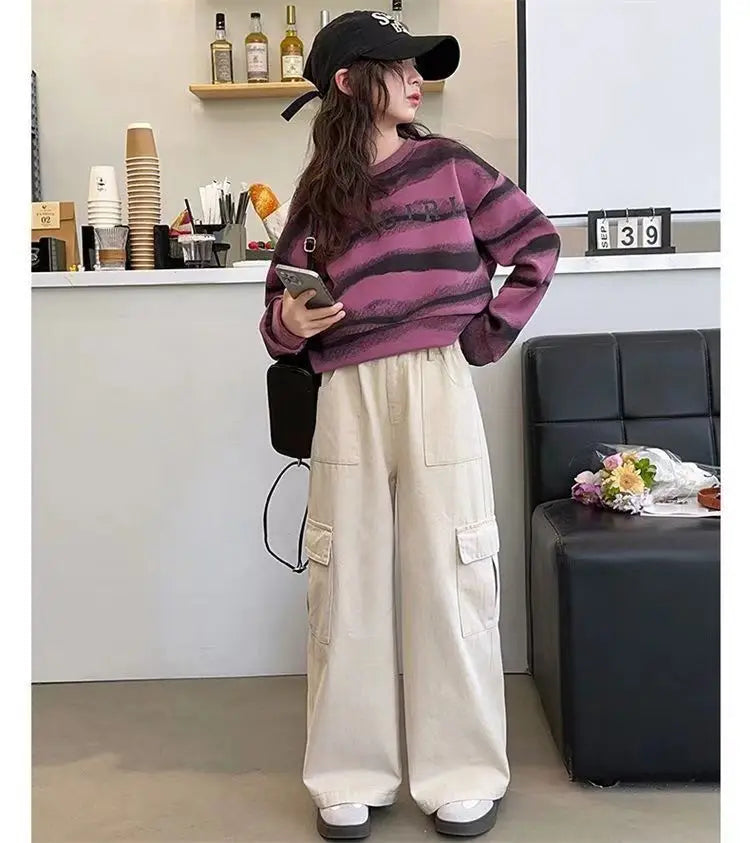 2025 autumn spring Girls clothes Sweatshirt Kids teens dress top Child striped letters hooded tracksuit 4 6 7 8 9 10 11 12 year