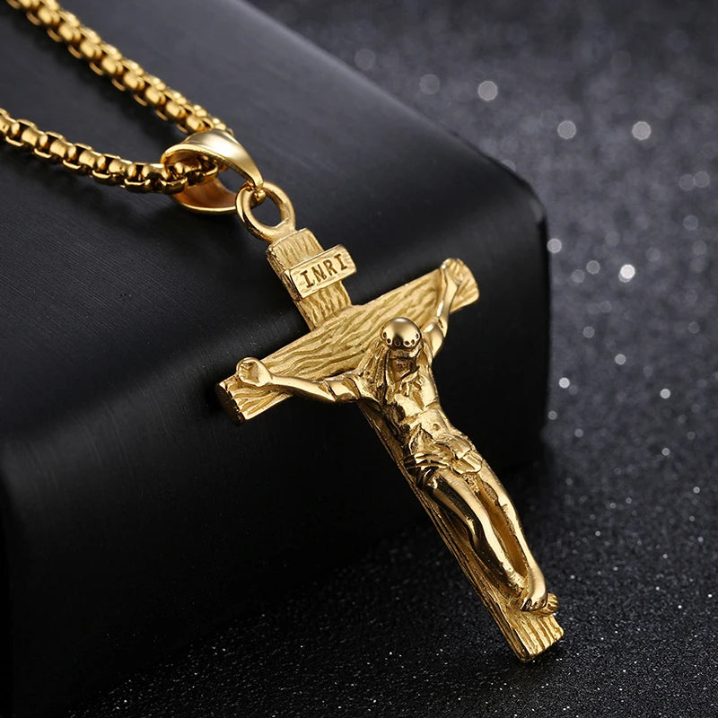 Religious Jesus Cross Stainless Steel Necklace For Men Fashion Gold Silver Color Cross Pendent With Chain Necklace Jewelry Gift