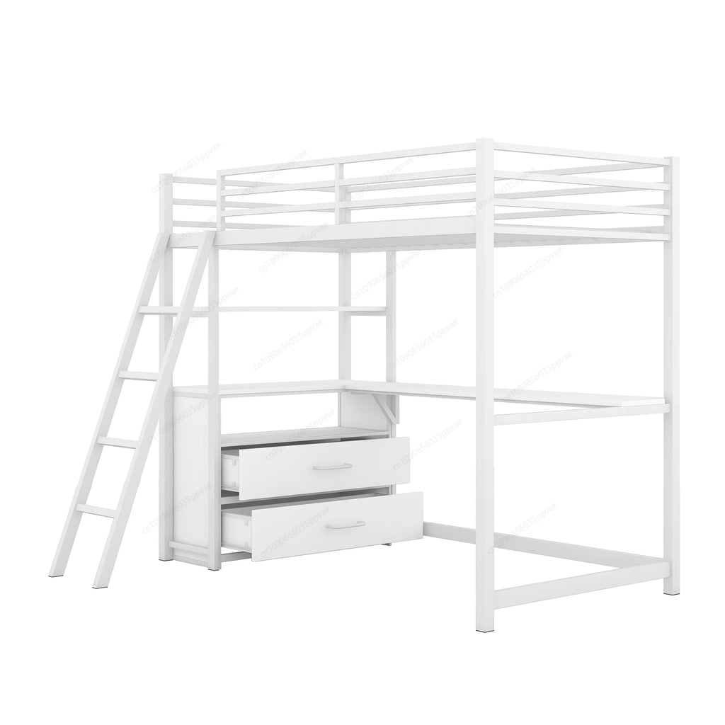 Twin Size Metal&Wood Loft Bed with Desk and Shelves, Two Built-in Drawers,  White ,Blak,Oak Natural Immediate delivery from US