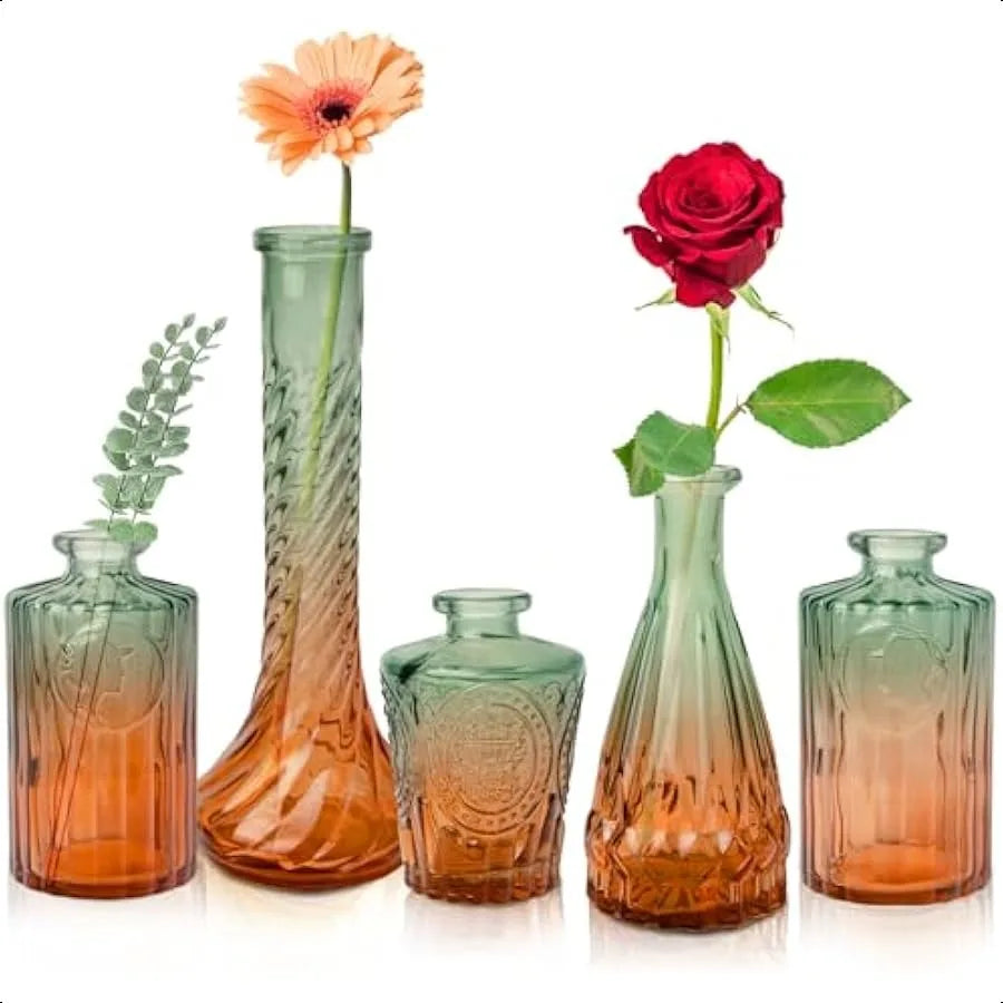 Vintage Glass Bud Vases Set of 5 Gradient Green Small Flower Vases for Wedding Party and Home Decoration