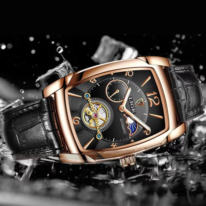 LIGE Top Brand Luxury Mens Watches Square Automatic Watch for Men Tourbillon Clock Genuine Leather Waterproof Mechanical Watch