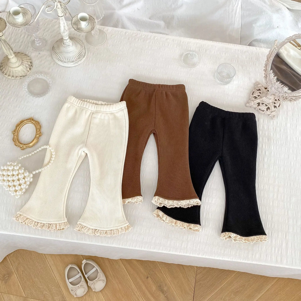 2025 Autumn Collection Girls' Velvet Bellbottom Pants with Western Style Lace Pants, Versatile Warm Baby Girls' Casual Pants