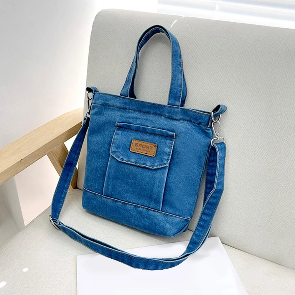 Women Crossbody Bag Denim Shopper Shoulder Handbag Large Capacity Adjustable Straps Zipper Closure for Beach Shopping School