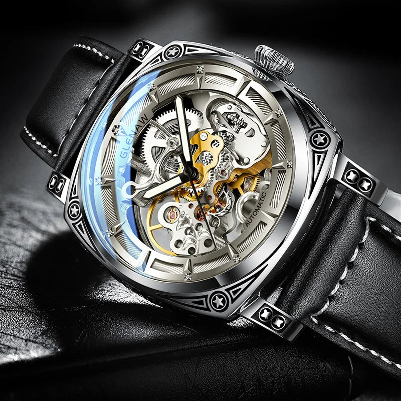 Relogios Masculino Glenaw Mens Watches Top Brand Luxury Personal Carving Watch Men's Stainless Steel Waterproof Watch Montre Hom