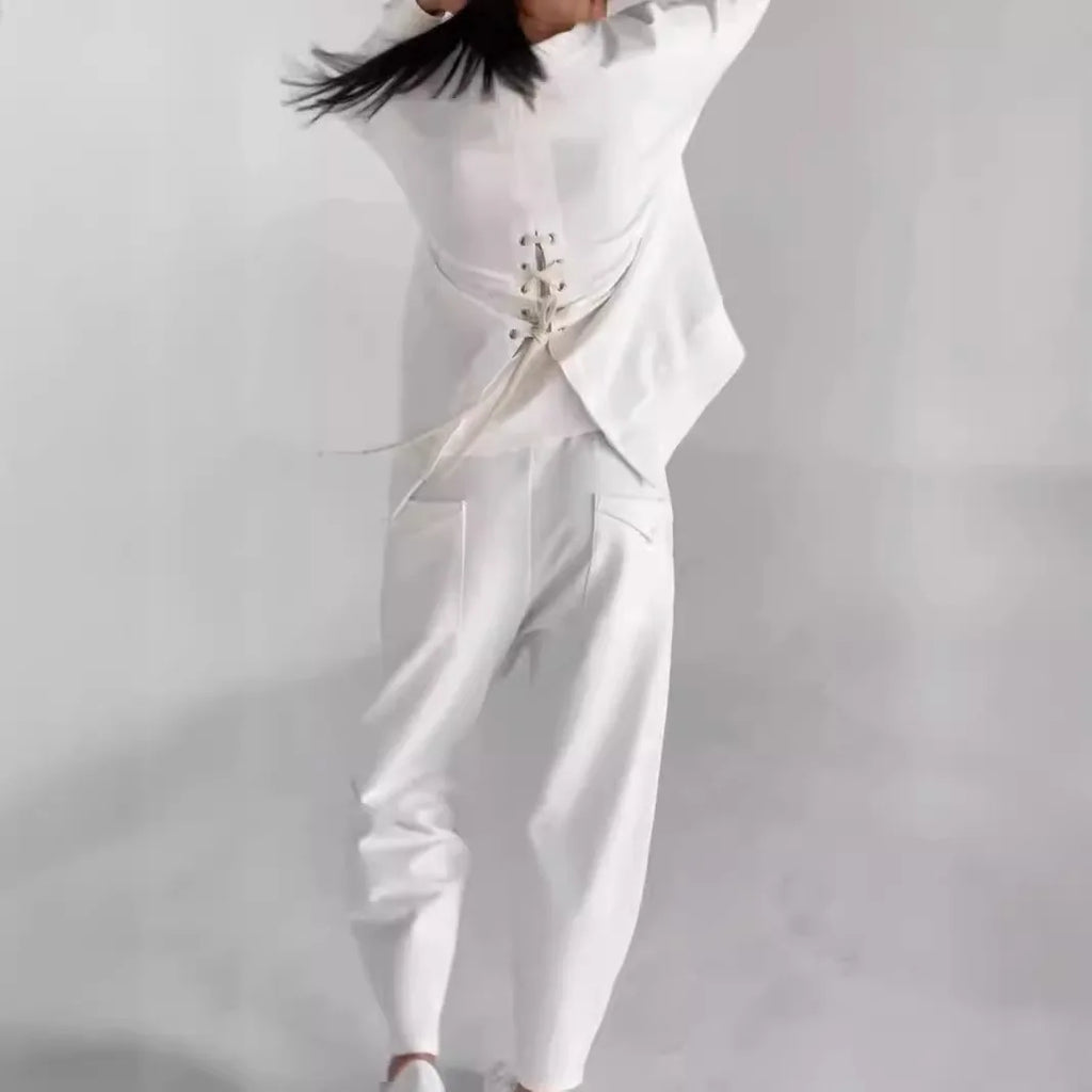 Women's suits 2024 European and American new fashion lace-up technology multi-pocket trendy sports solid color casual pants suit