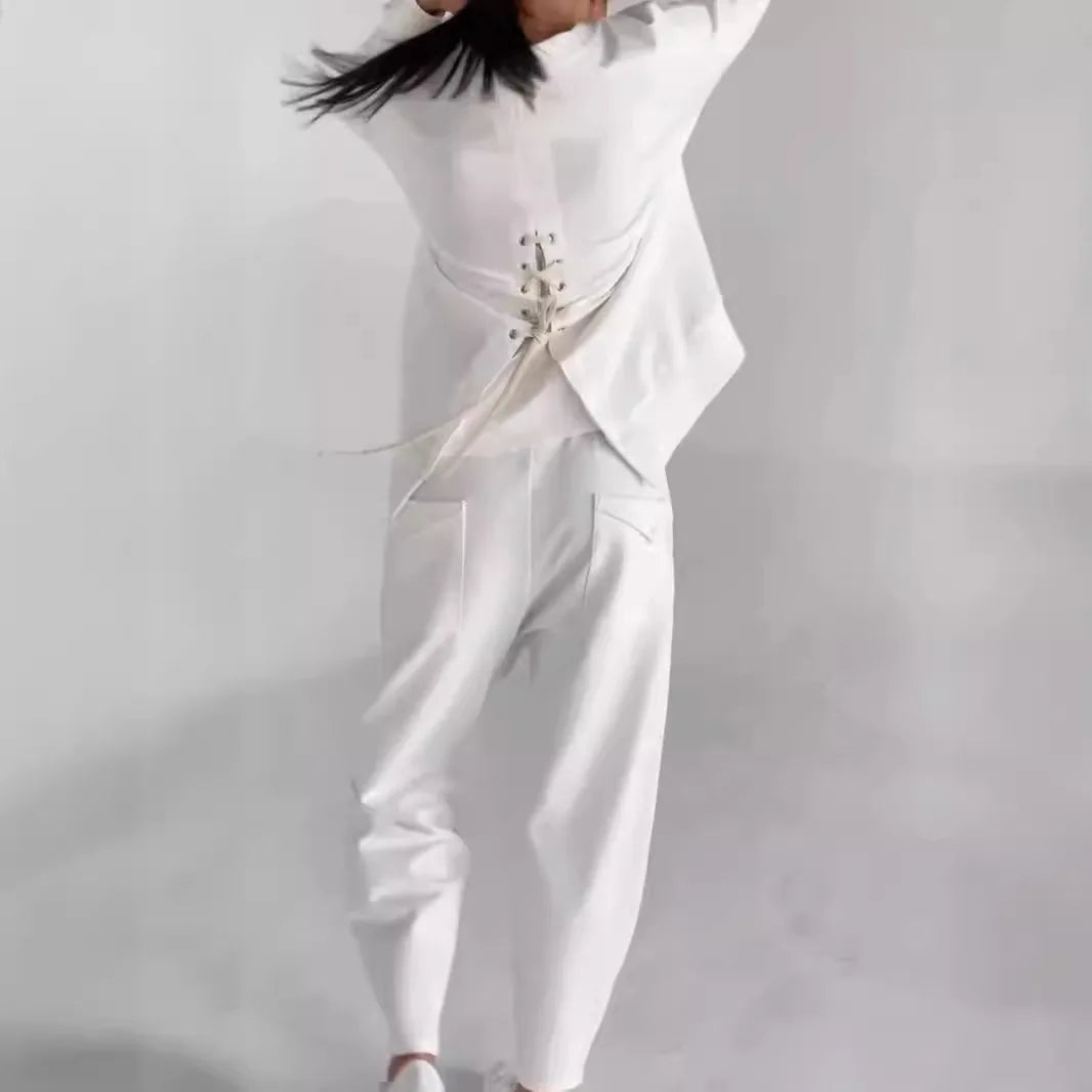 Women's suits 2024 European and American new fashion lace-up technology multi-pocket trendy sports solid color casual pants suit