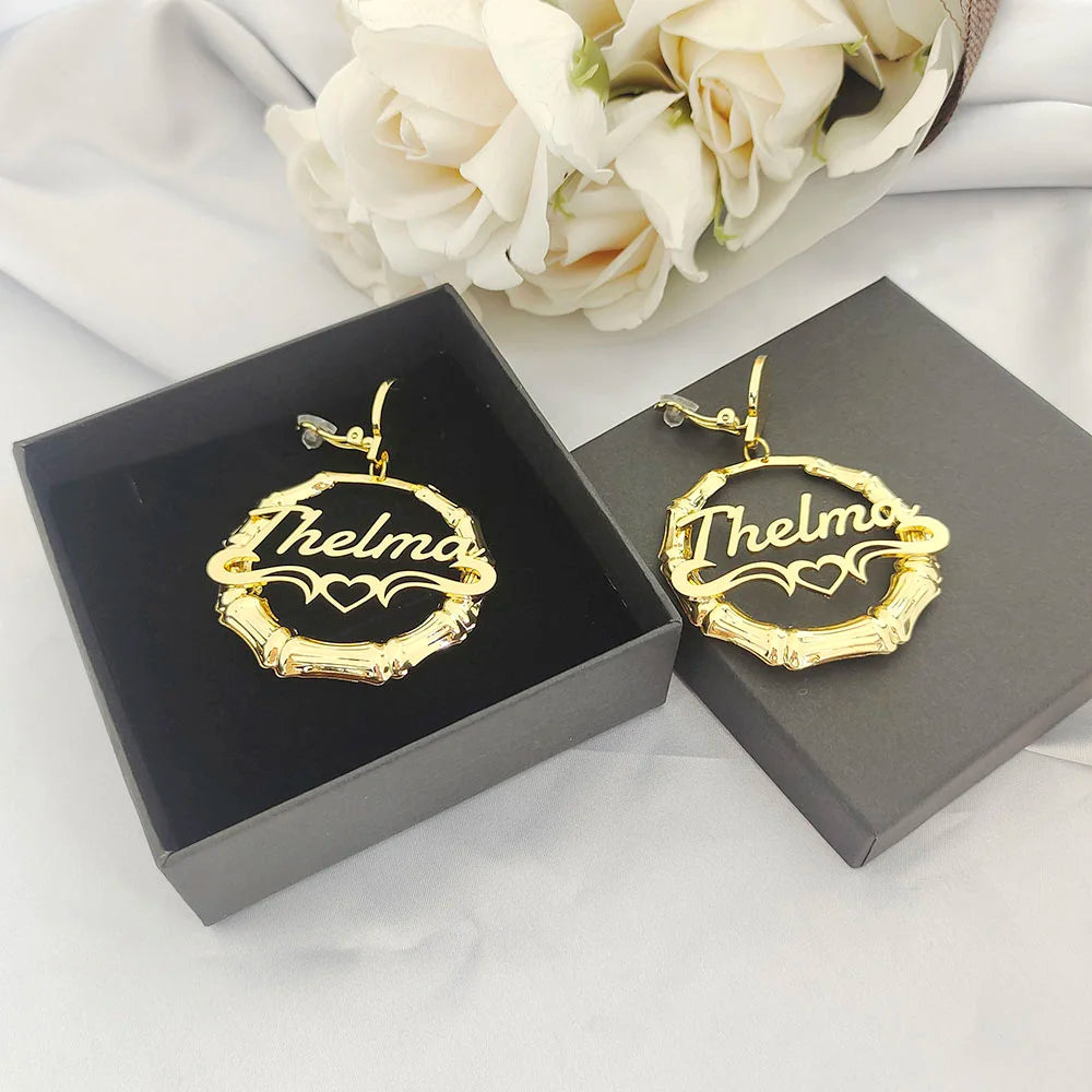 Custom Name Earrings Ear Clip Bamboo Hiphop Fashion Bamboo Circle Round Earrings Personalized Customization Letters For Women