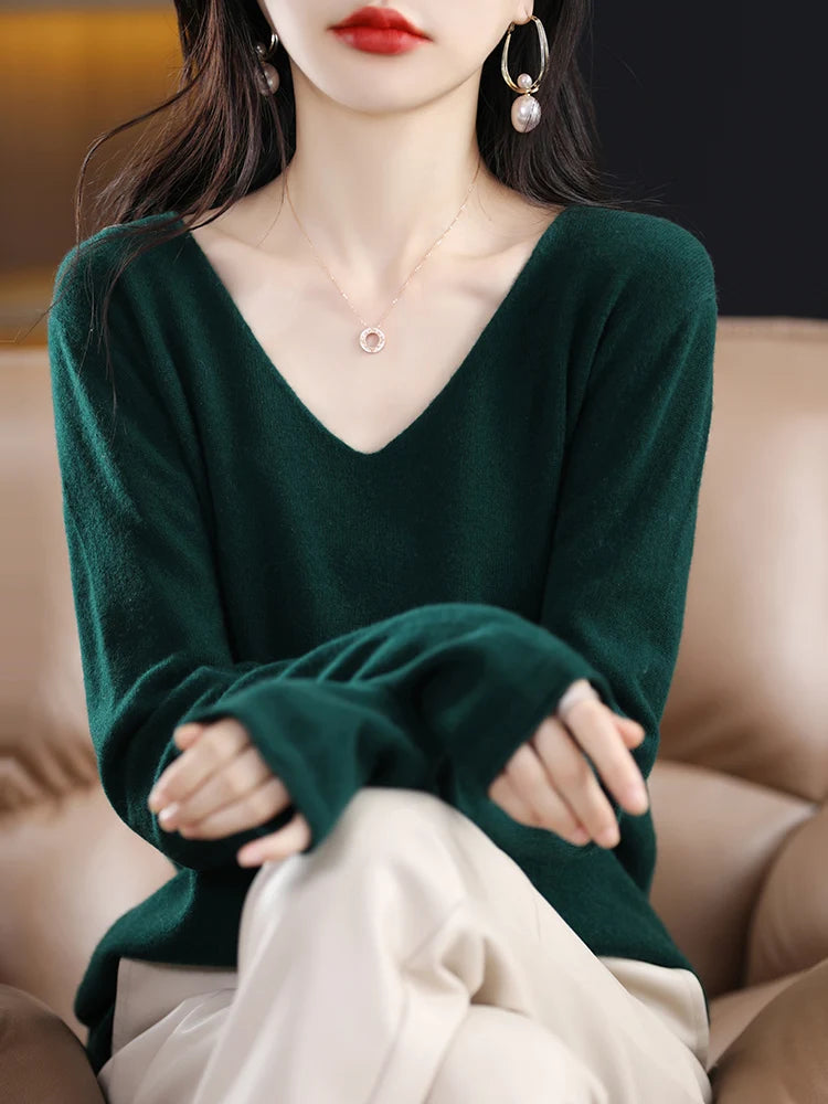 Women's Pullover Sweater For Autumn Winter 100% Merino Wool Knitted Sweater V-neck Basic  Cashmere Long Sleeve Tops