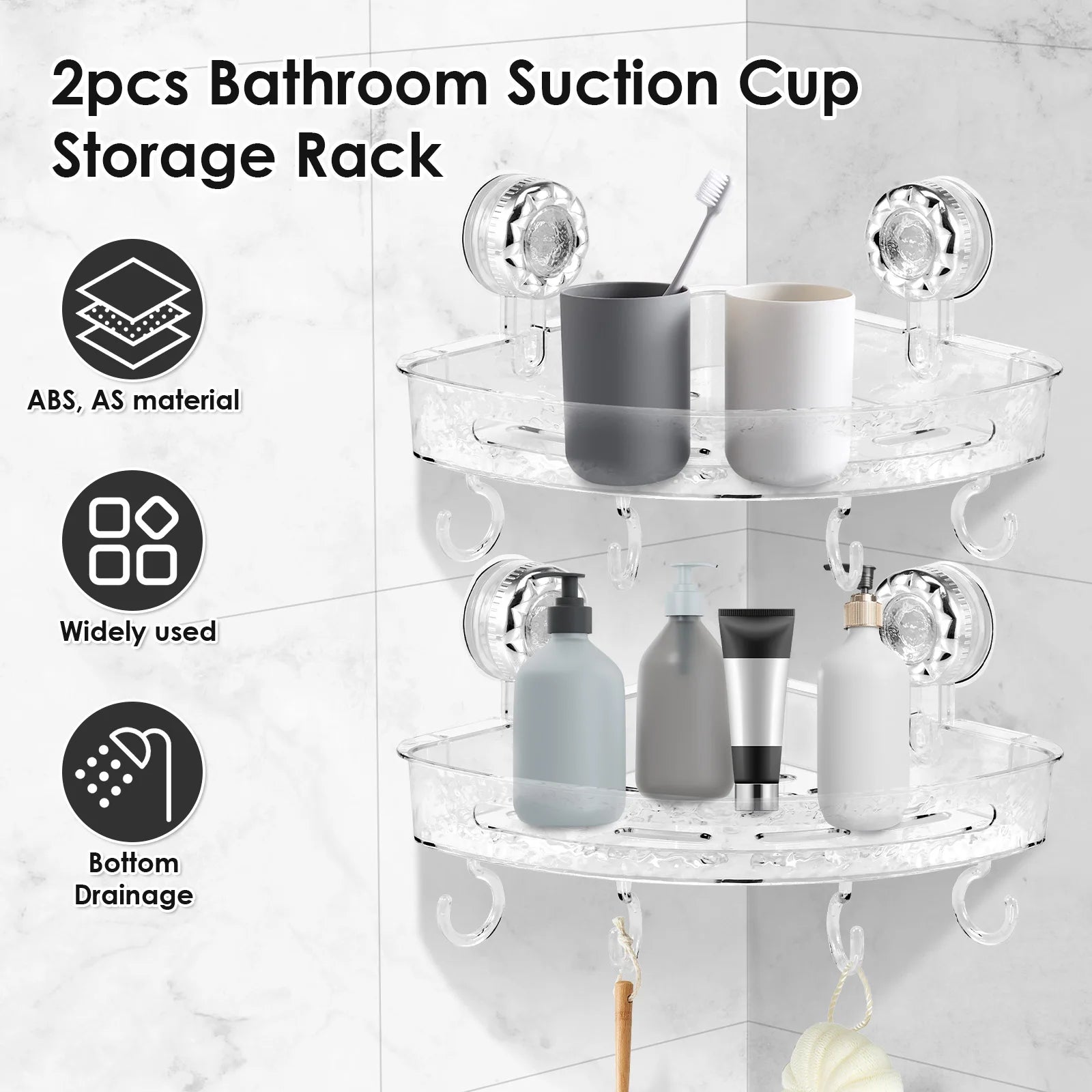 2Pcs Shower Corner Shelf Wall Mounted Suction Cup Storage Rack No Drill Bathroom Shampoo Cosmetic Organizer Holder