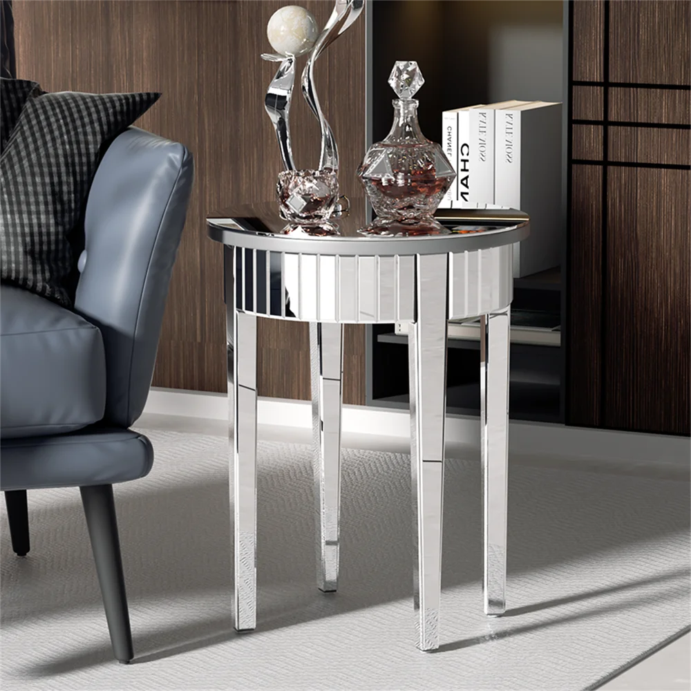 LUVODI Modern Silver Mirrorred Side Table Round Accent Table for Living Room, Bedroom, Sofa Couch Side