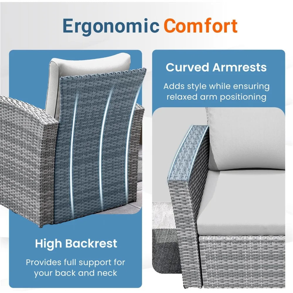 Gray Wicker Outdoor Patio Furniture Set, 4-Piece Conversation Area for Deck, Porch, with Cushioned Sofa Chairs