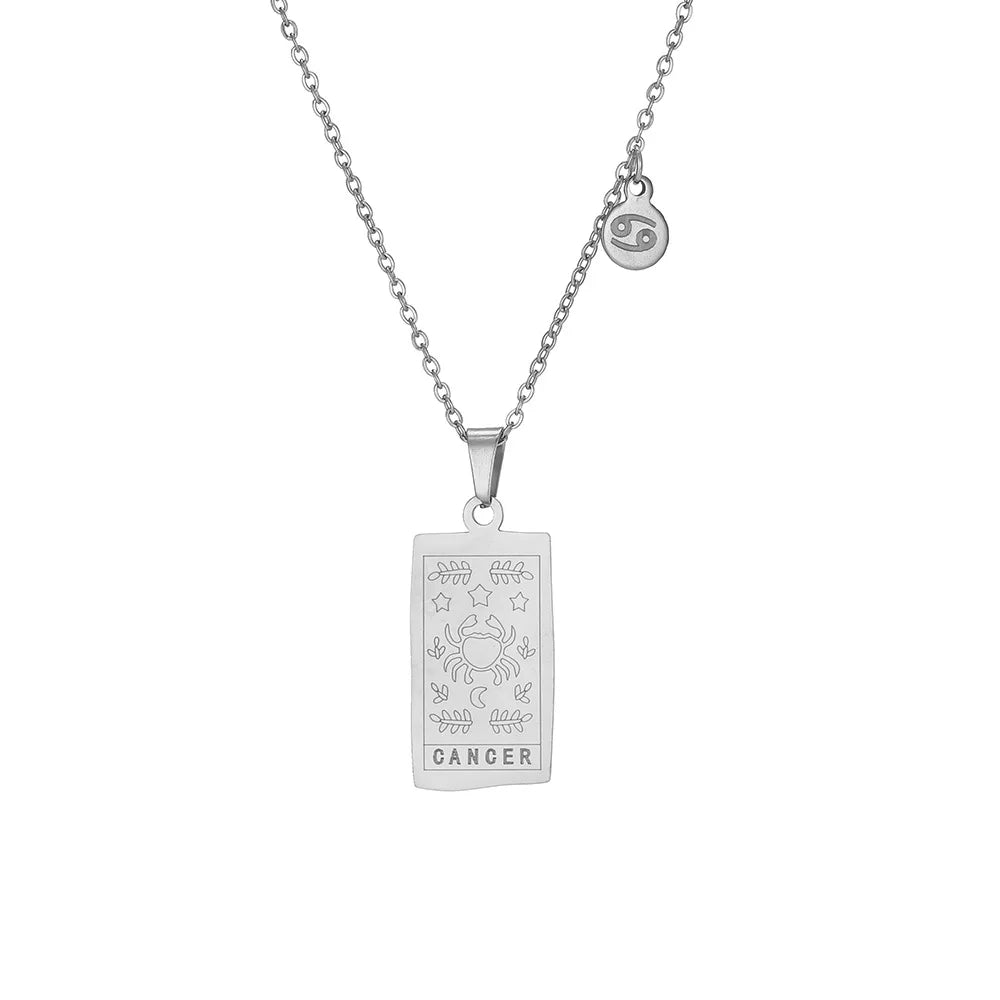 Stainless Steel Square Tarot Card Pendant Women Necklace Twelve Constellations Gold-Plated Clavicle Chain Horoscope Gifts