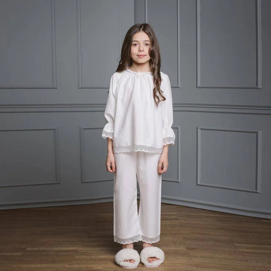 Girls' Home Clothes 2022 Spring And Summer New Lace Edge Girls' Pajamas Two-Piece Cotton 30% Silk Pajamas Children's Clothing