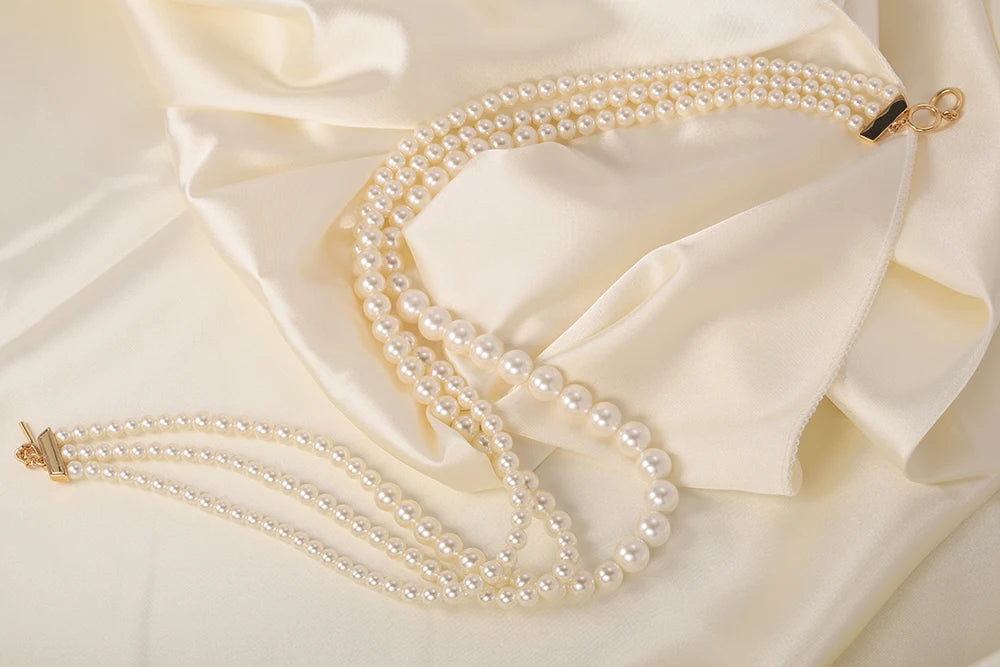 18K Gold Plated Multi-Layered Imitation Pearl Long Sweater Chain Necklace for Women Vintage Body Chain Party Wear Accessories
