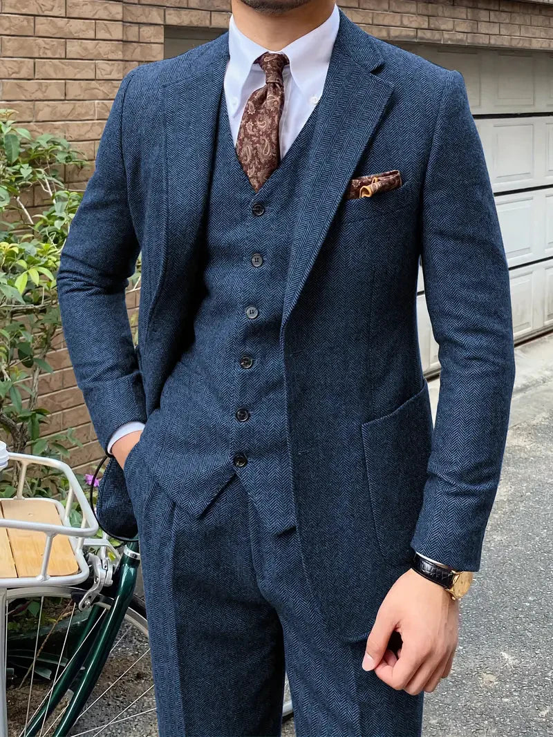 Elegant 3pcs Men's Tweed Suits Wool Blend Herringbone Western Vintage Wedding Formal Events (Jacket+Vest+Pants)