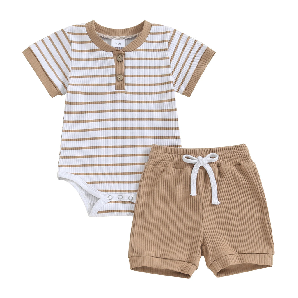 Baby 2 Piece Outfits Summer Striped Short Sleeve Romper and Elastic Shorts Set for Toddler Newborn Girl Boy