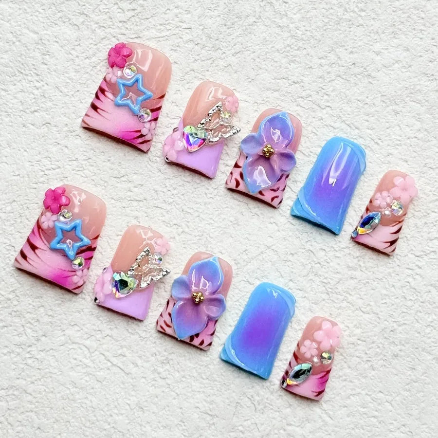 Thick Press on Nails Handmade Medium Duck Nails Pink Fake Nails 3D Flower Art False Nail with Gems Design Luxury Rhinestone Nat