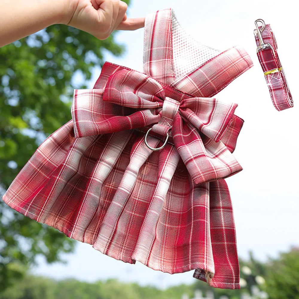 Plaid Dog Dress Bow Tie Harness Leash Set for Small Dogs Cats Girl Cute Princess Dog Dress Puppy Bunny Rabbit Clothes Pet Outfit
