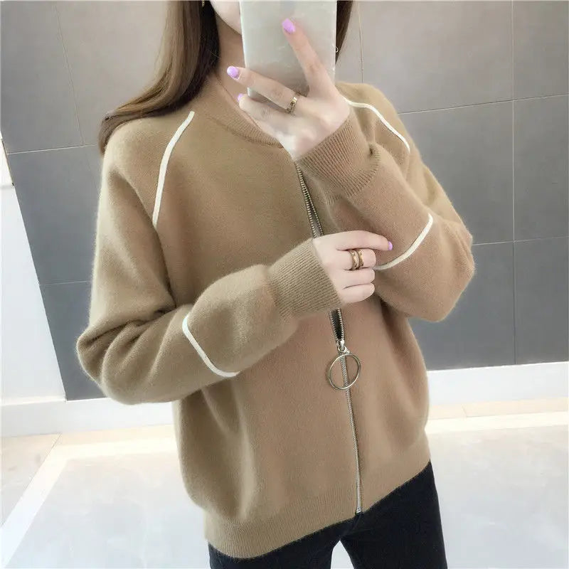 Sweater Jacket for Women Spring Clothes Loose Short Zipper Knitted Cardigan with Thick Top