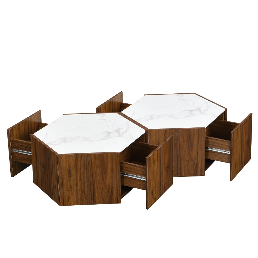 Hexagonal Rustic Retro Wood Coffee Table, with 2 Hidden Drawers, Textured Black Marble Tops, Light Brown Oak Finish,tea Table