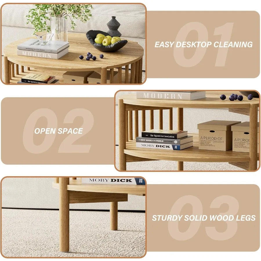 Round Coffee Table for Living Room Wood and Modern Coffee Table with Open Storage ture Oak