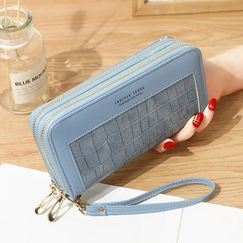 Double Zipper Long Wallet For Women Large Capacity PU Leather Clutch Mobile Phone Bag Coin Cash Card Holder Purse