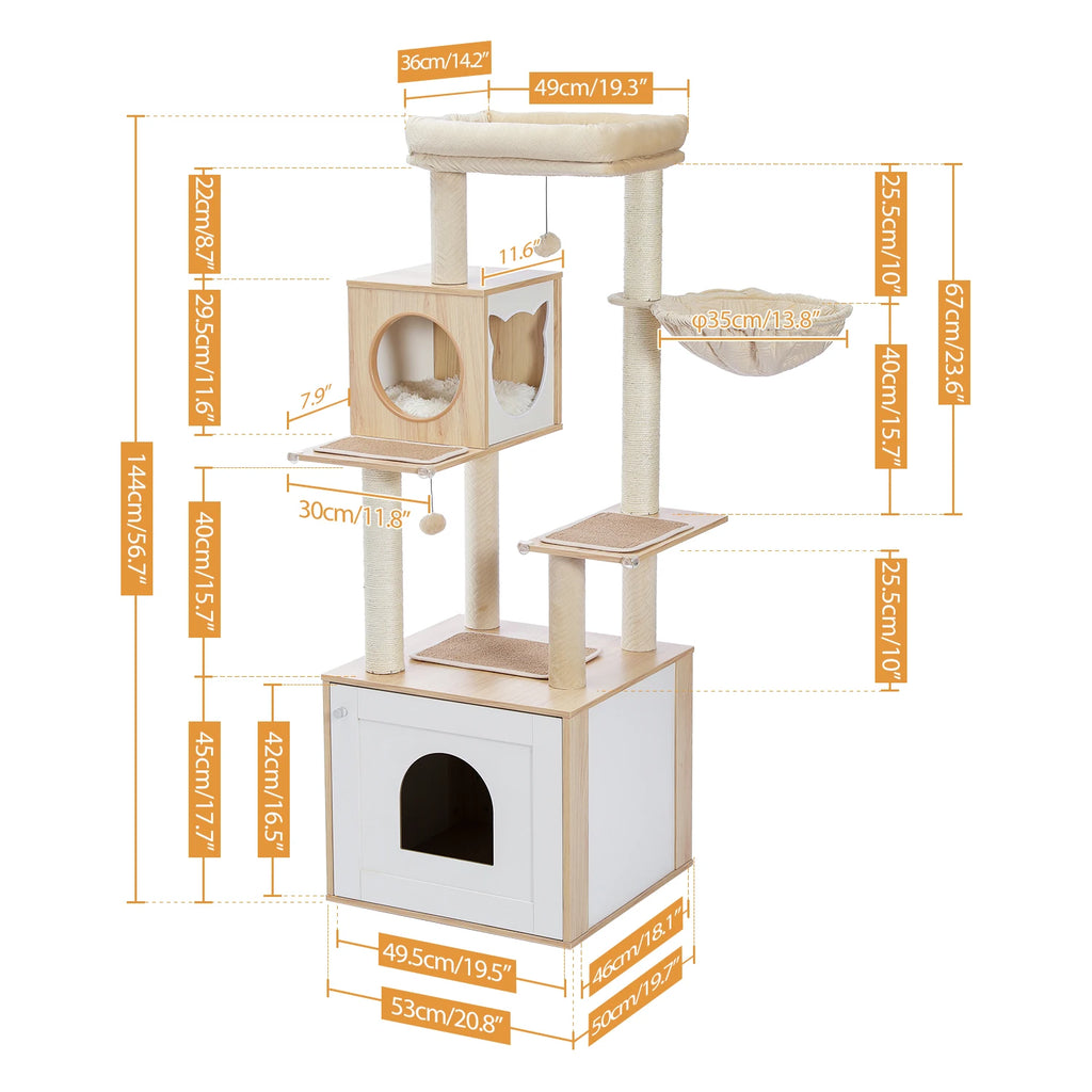 Multi-Level Cat Tree for Indoor Wood Cat Tower with Scratching Posts Spacious Condo Hammock Top Perch Cat Scratcher Cat Toys