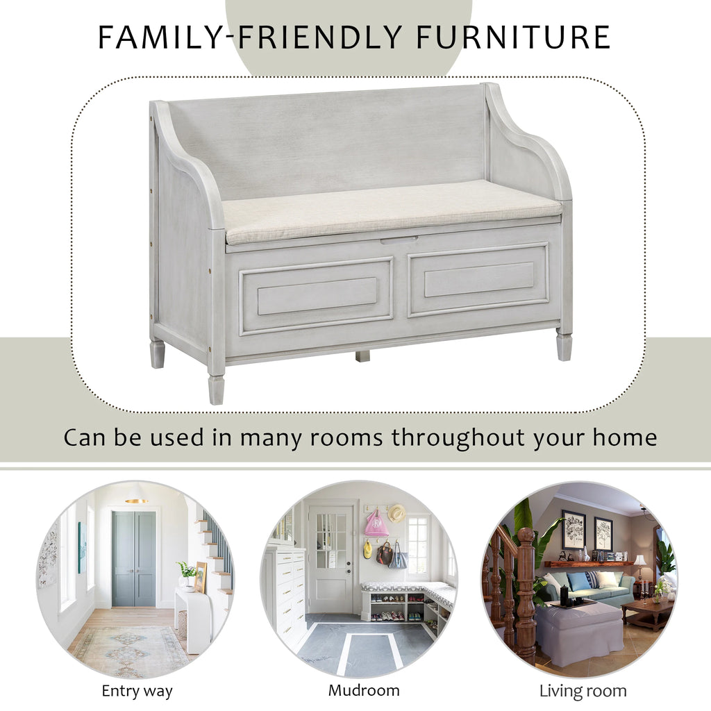 Rustic Style Solid Wood Entryway Storage Bench With Safety Hinge, Multi-functional Shoe Stool With Removable Upholstered Cushion