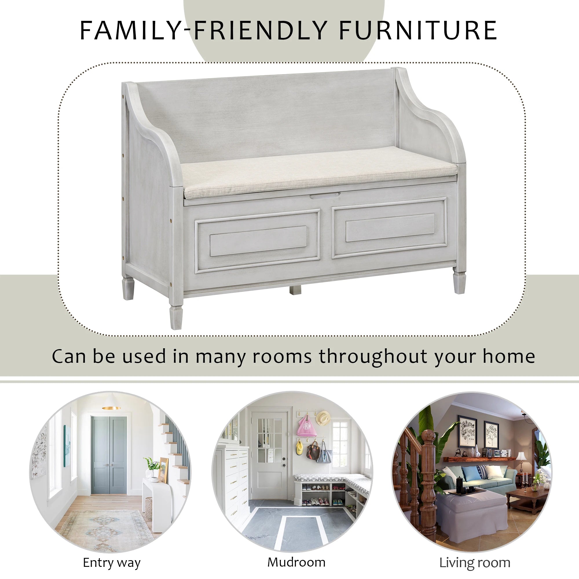 Rustic Style Solid Wood Entryway Storage Bench With Safety Hinge, Multi-functional Shoe Stool With Removable Upholstered Cushion