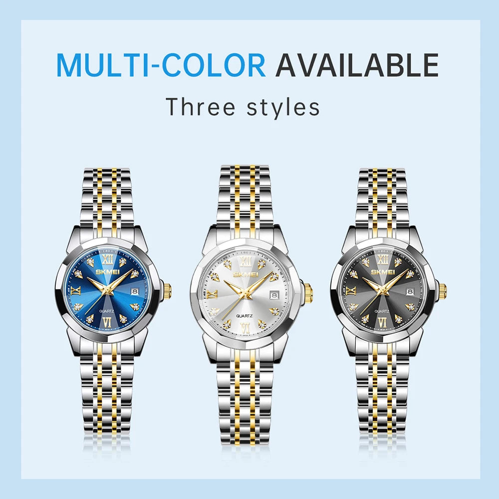 SKMEI Luxury  Quartz Wristwatch For  Women Stainless Steel Waterproof All-Steel Wristwatch Ladies Casual Week Date Waterproof