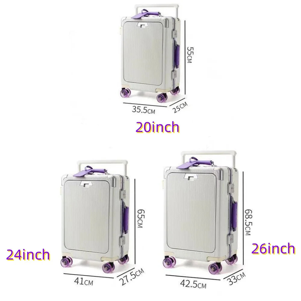 Front Opening Pocket Rolling Luggage Aluminum Frame Wide Handle Trolley Suitcase with Upgrade Silent Wheel USB Charging Plug TSA