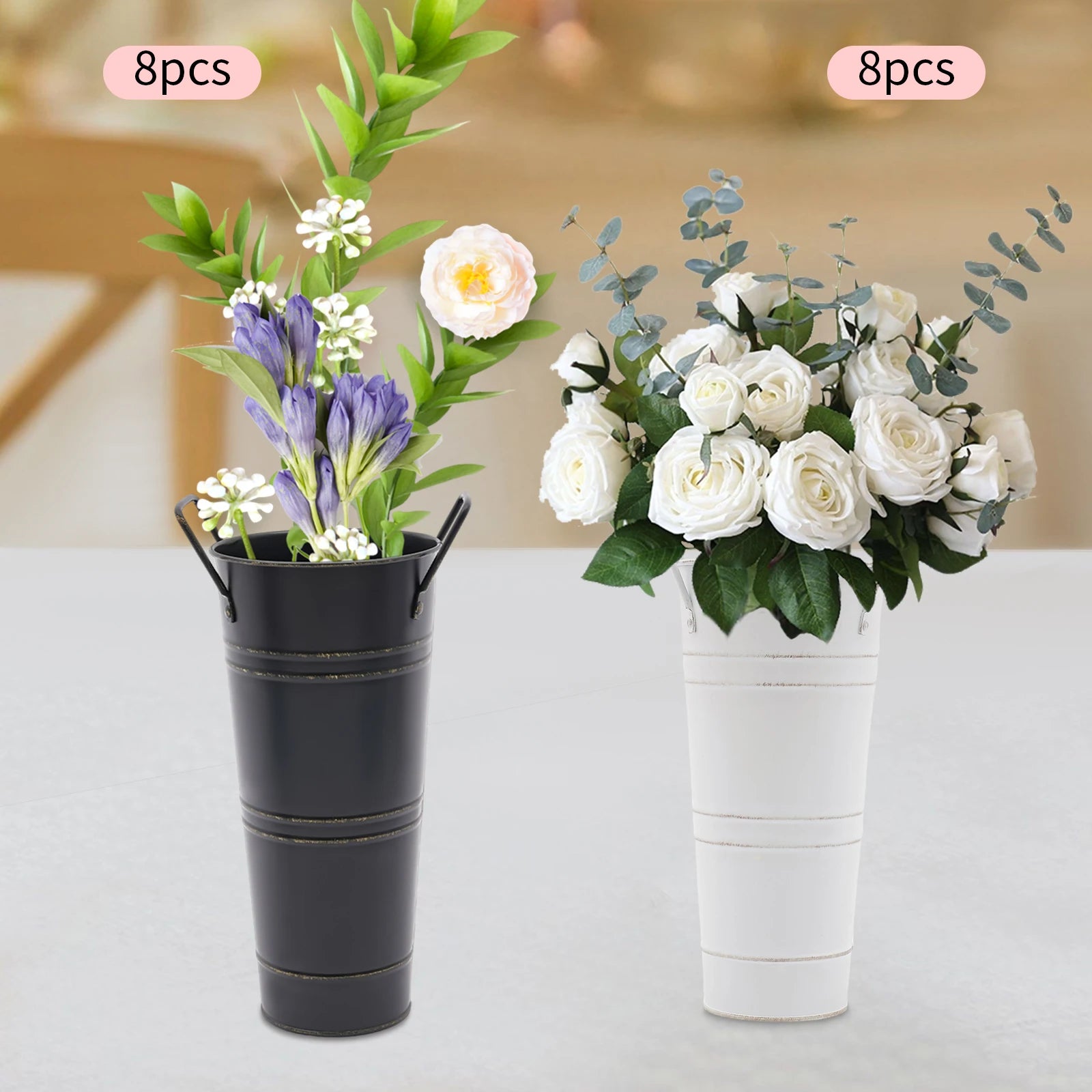 8PCS Black/White Galvanized Metal Flower Bucket Vases Metal Vases, Flower Vases For Flower Arrangements, Fresh/Dried Flowers