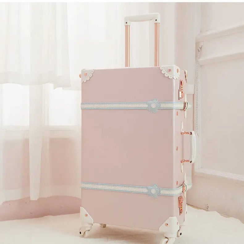 Vintage Style Luggage Carry On Trolley Suitcase With 360° Wheels For Women Men In Pink 20 22 24 26 Inch Cute Retro Travel Bag