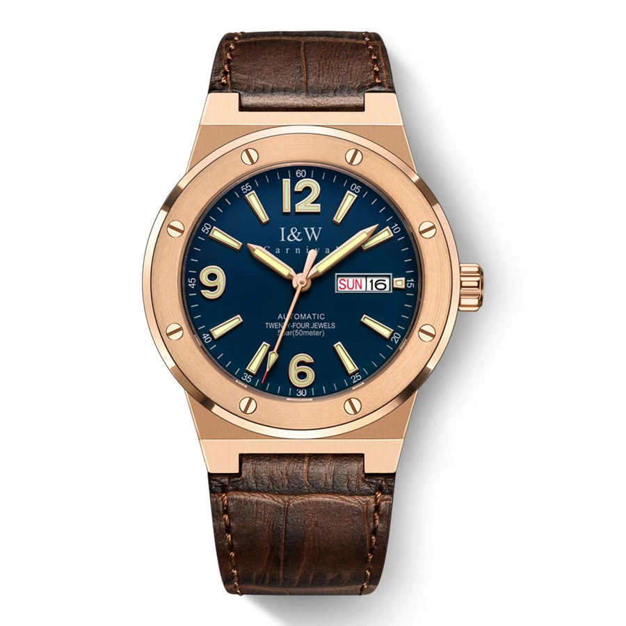 I&W Mens Luxury Watches 42mm Automatic Mechanical Wristwatch 50M Waterproof Luminous Leather Strap Sapphire Dual Calendar