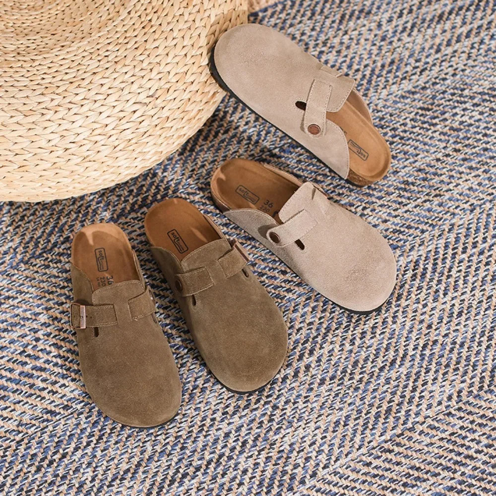 Leather Slippers Women Summer Luxury Sandals Baotou Cork Bottom Half Slippers Outside Cow Suede Flat Slippers Womens Shoes