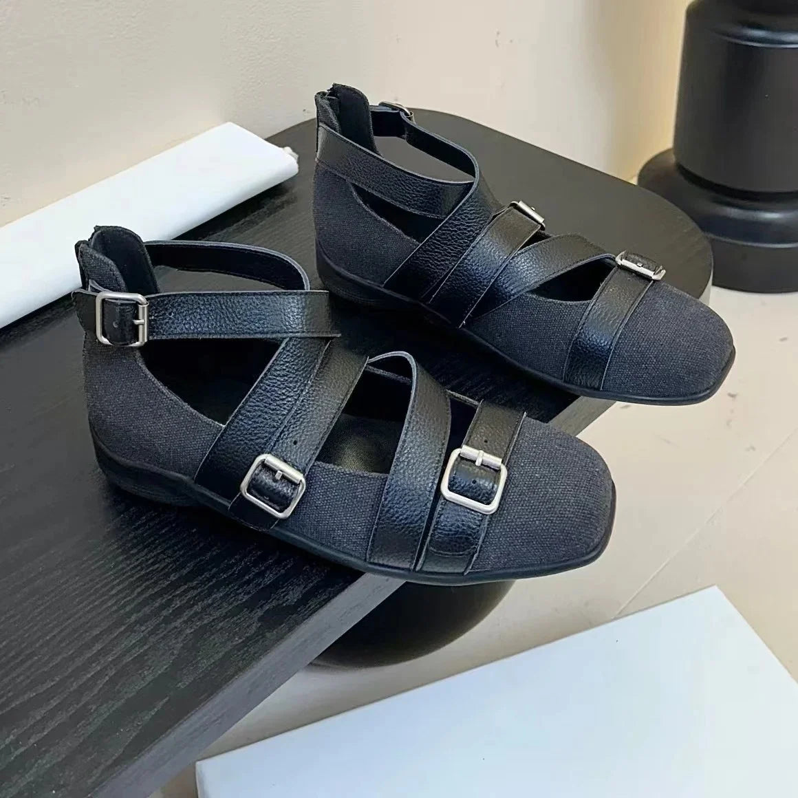 2025 Newest Retro Real Leather Square-Toe Flat Heel Ballet Dance Shoes Buckle-Strap Mary Janes Gladiator Sandals Bota Feminina