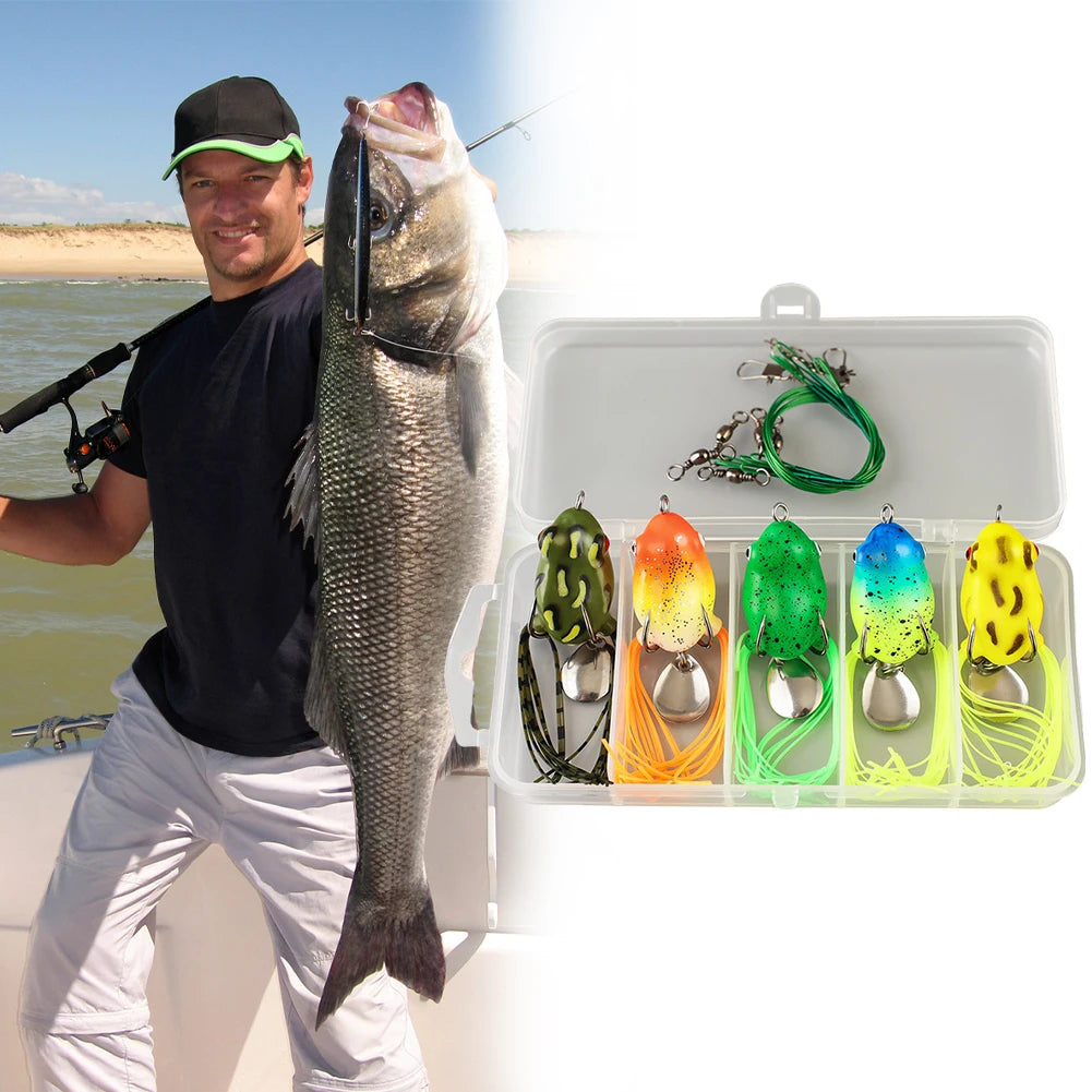 5Pcs Frog Soft Fishing Lures with Double Hooks Soft Ray Frog Swimbait Frog Spoon Fishing Baits for Bass Fishing