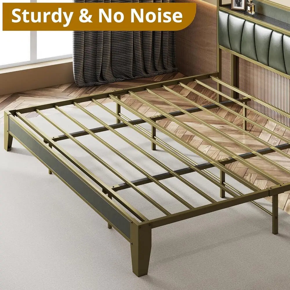 LIKIMIO XL Twin / Queen Bed Frame, Storage Headboard with Charging Station, Solid and Stable, No Box Spring Needed